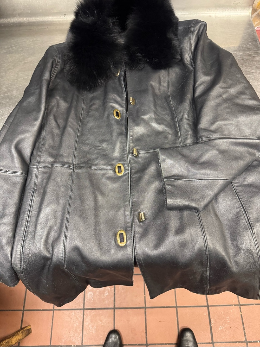 Marvin Richards Black Leather Jacket with Fur Collar and Gold-Tone Buttons